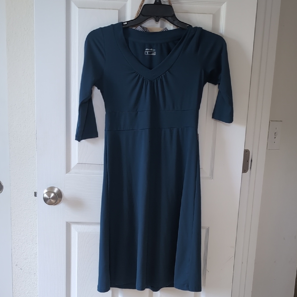 Eddie Bauer Blue Pleated Sheath Dress V-Neck 3/4 Sleeve